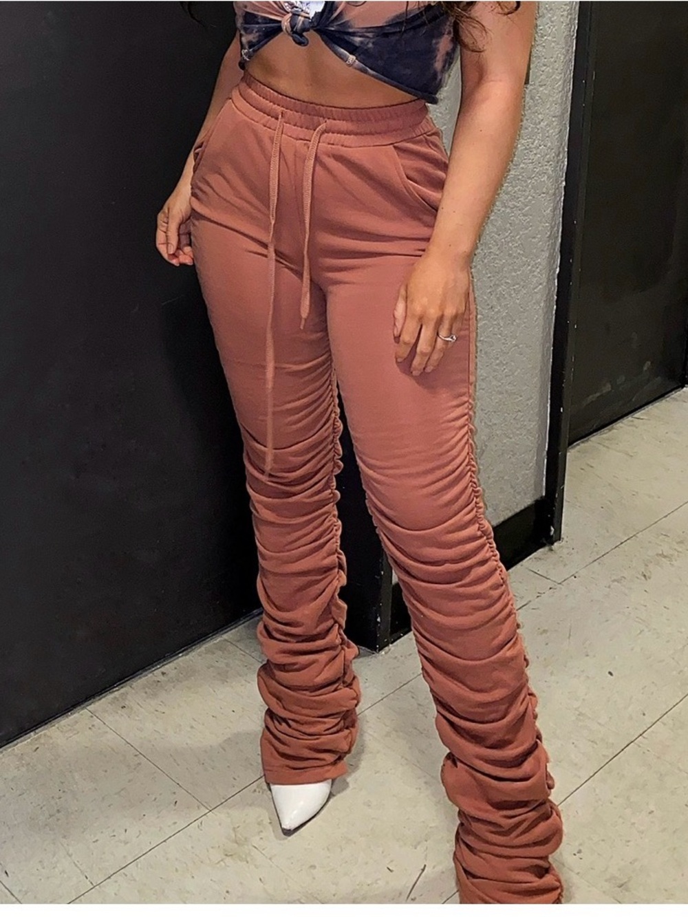 Ruched Drawstring Wide-Leg Pants - Mauve
